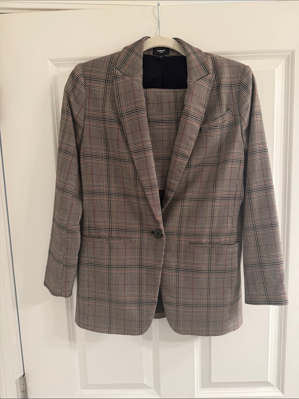 Express Plaid Blazer in Brown and Black with Red Accents